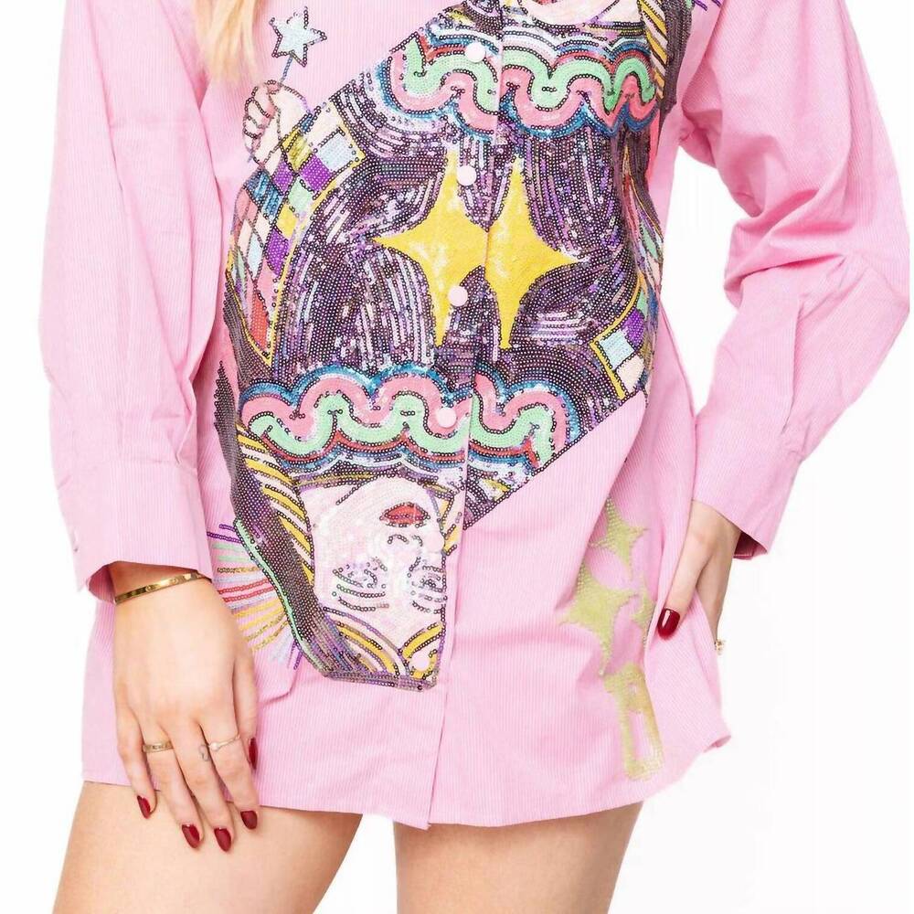 NEW QUEEN OF SPARKLES queen card button up collar tunic in pink